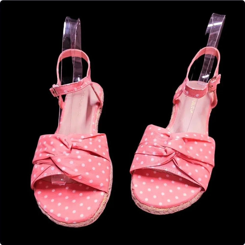 Polka Dot Blush Espadrille Sandals With Bow & Adjustable Ankle Strap - Casual Su - Picture 3 of 7